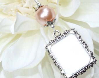 Wedding bouquet charm with small picture frame and peach pearl. Memorial photo charm - 1 or 2 sided frame.