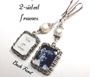 2 sided Wedding bouquet photo charm. DIY or I do photos. Pearl wedding charm. Memorial photo charm 2 sided. Bridal shower gift. Sister gift