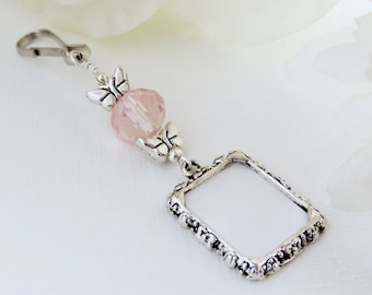 Wedding bouquet photo charm with pink crystal and tiny butterflies. Memorial charm for a bridal bouquet.