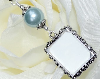 Wedding bouquet photo charm with light blue shell pearl and small picture frame. Something blue. Bridal shower gift