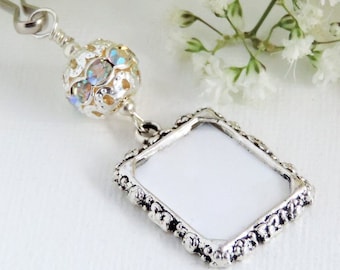 Wedding bouquet photo charm with a sparkly bead and small picture frame. Memorial and Wedding keepsake.