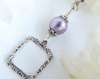 Wedding bouquet photo charm featuring a small picture frame and lavender pearl. Memory charm for a bridal bouquet. Gift for the bride to be.