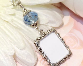 Wedding bouquet photo charm. Something blue for the bride to be. Memorial keepsake. Gift for her. Bridal shower gift.