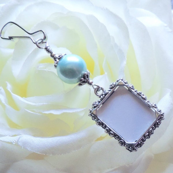 Something blue for the bride to be. Photo charm for her wedding bouquet with a blue shell pearl. Bridal shower and wedding memorial gift.
