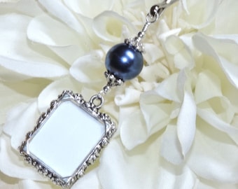 Wedding bouquet photo charm. Something blue for a bride. Navy blue Memorial charm with a single or double sided frame. Bridal bouquet charm.