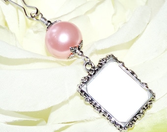 Wedding bouquet photo charm. Small picture frame charm for a bride's bouquet with a pink pearl.