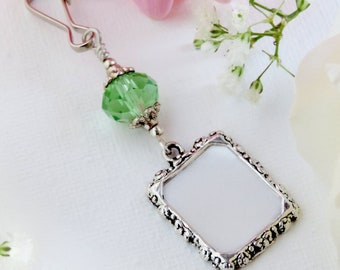 Wedding bouquet photo charm with a crystal and small picture frame. Memorial keepsake.