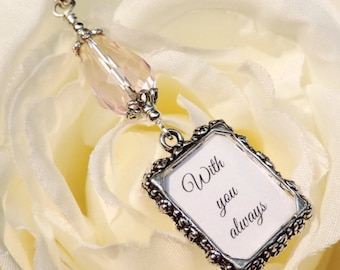 Bridal bouquet photo charm with pink teardrop crystal and small picture frame. Gift for the bride.