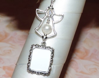 Wedding bouquet photo charm- with angel. Pearl or crystal Angel wedding photo charm. Bridal shower gift.