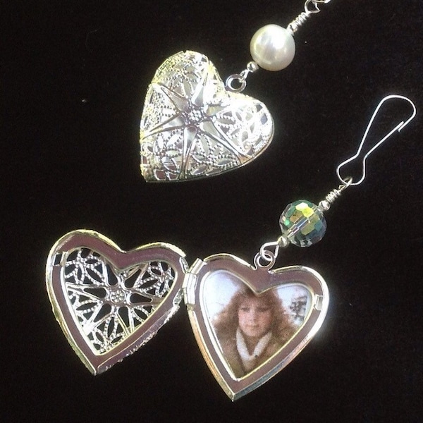 Wedding bouquet charm featuring a heart shaped locket and a crystal or pearl. A thoughtful gift for her.