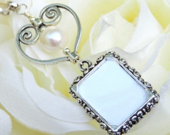 Wedding bouquet photo charm with heart and pearl.  Bridal bouquet charm with small picture frame. Memorial keepsake.