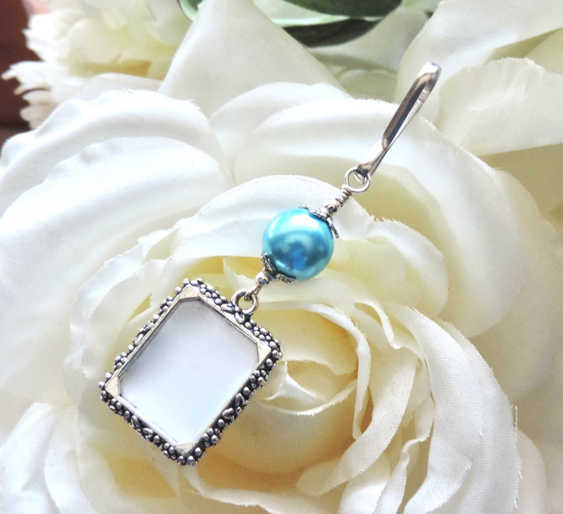 Something blue for the bride to be. Wedding bouquet photo charm with a one or 2 sided small picture frame. image 2