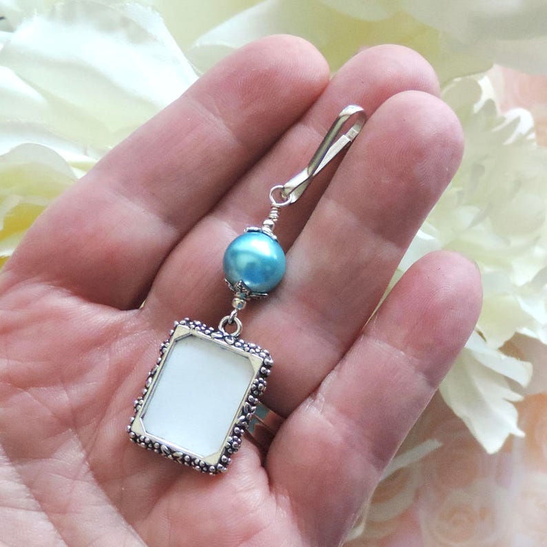 Something blue for the bride to be. Wedding bouquet photo charm with a one or 2 sided small picture frame. image 4