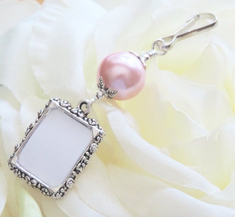 Wedding bouquet photo charm. Choose your colour, pearl memorial charm. Handmade wedding keepsake. image 3