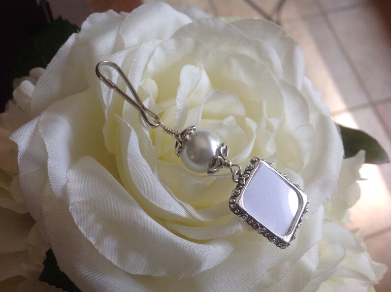 Wedding Bouquet photo charm with small picture frame and pearl bead. Memorial photo charm. Bridal shower gift. Gifts under 20. image 5