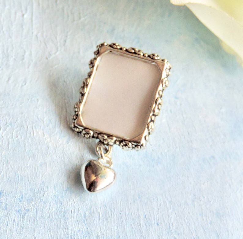 Memorial photo lapel pin with tiny heart and small picture frame. Graduation gift. Remembrance photo brooch. DIY or I do photo. Tiny heart