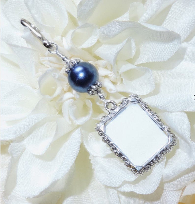 Something blue for the bride to be. Wedding bouquet photo charm with a one or 2 sided small picture frame. Navy blue