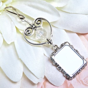 Wedding bouquet and memorial photo charm with crystal and heart. Small picture frame charm for a bridal bouquet. Wedding keepsake. Clear AB crystal