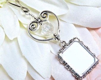 Wedding bouquet and memorial photo charm with crystal and heart. Small picture frame charm for a bridal bouquet. Wedding keepsake.