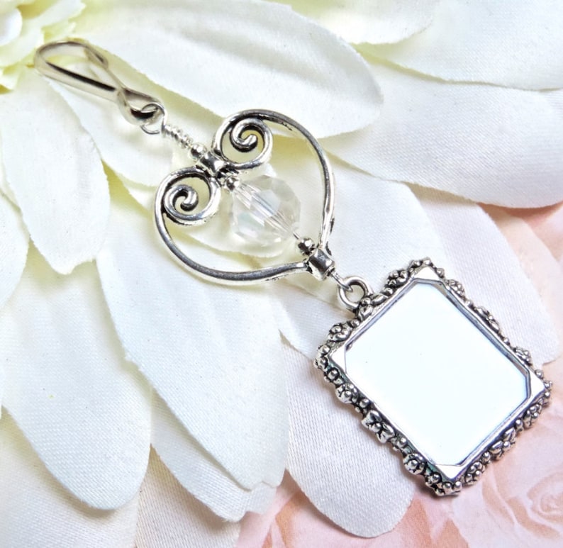 Wedding bouquet and memorial photo charm with crystal and heart. Small picture frame charm for a bridal bouquet. Wedding keepsake. Clear AB crystal