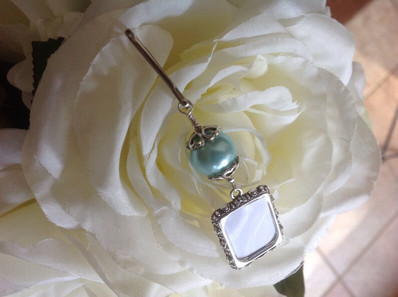 Wedding Bouquet photo charm with small picture frame and pearl bead. Memorial photo charm. Bridal shower gift. Gifts under 20. image 4