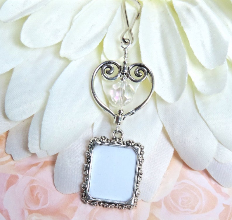 Wedding bouquet and memorial photo charm with crystal and heart. Small picture frame charm for a bridal bouquet. Wedding keepsake. image 2