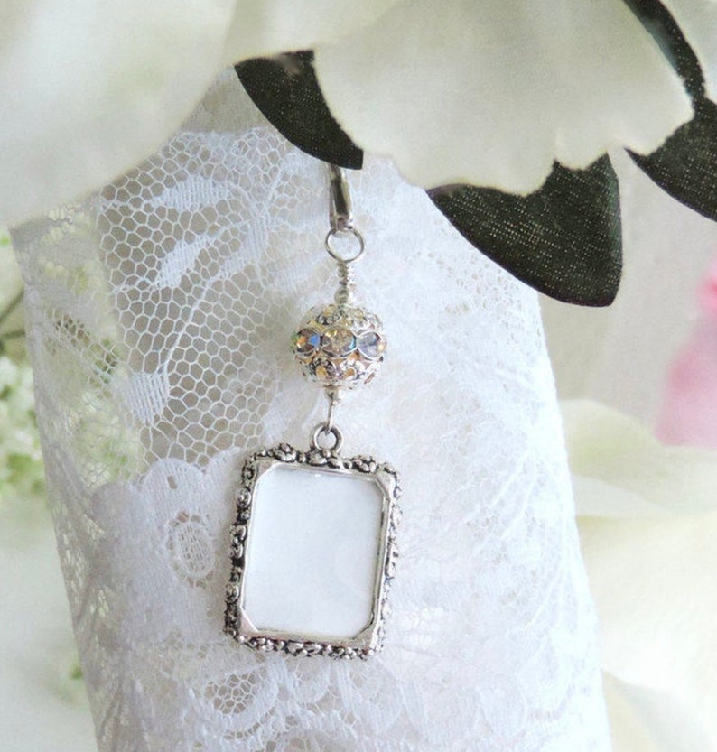 2 sided Wedding bouquet photo charm. DIY or I do photos. Pearl wedding charm. Memorial photo charm 2 sided. Bridal shower gift. Sister gift Sparkly