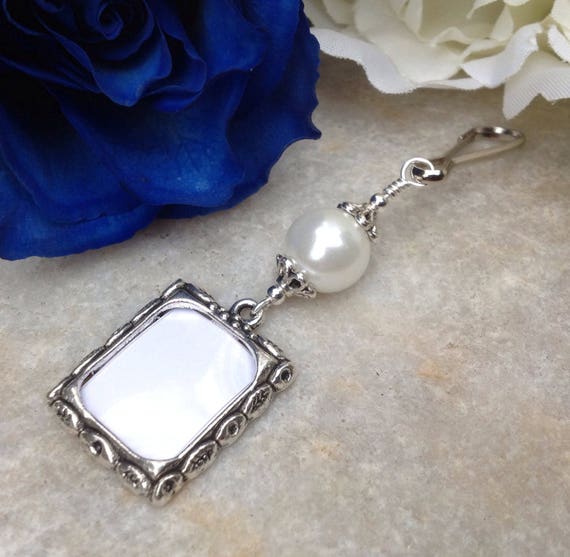 Memorial frame charm with blue pink or white shell pearl. Wedding bouquet photo charm