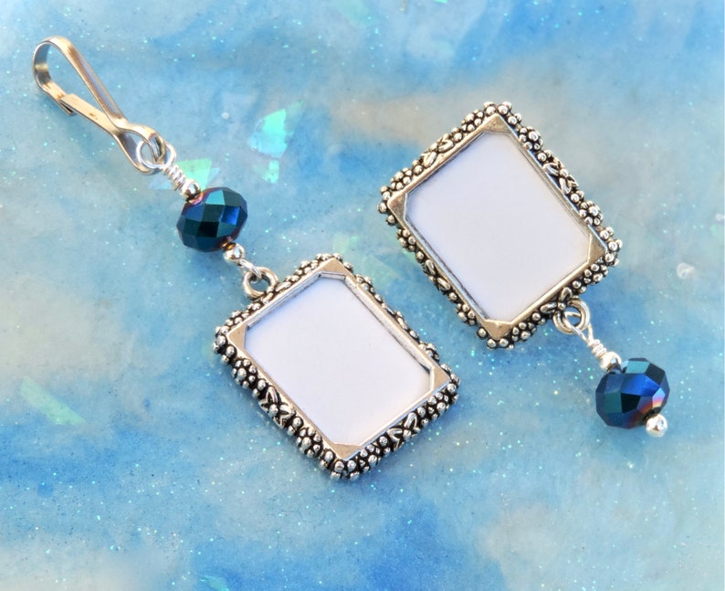 A lapel pin and a wedding bouquet charm set for the bride and groom. Both have a small picture frame in antique silver tones and a dark blue crystal. You can add the photos yourself or chose for me to do them. Other beads & colors available-just ask.