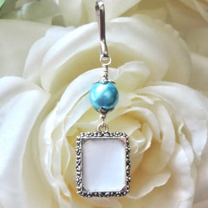 Something blue for the bride to be. Wedding bouquet photo charm with a one or 2 sided small picture frame. Bright blue