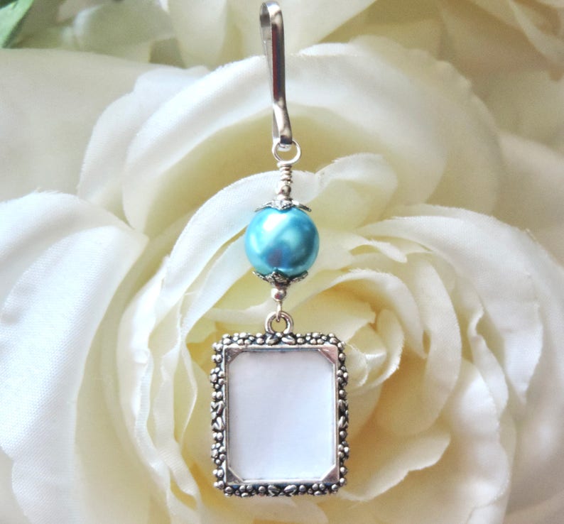 Something blue for the bride to be. Wedding bouquet photo charm with a one or 2 sided small picture frame. Bright blue