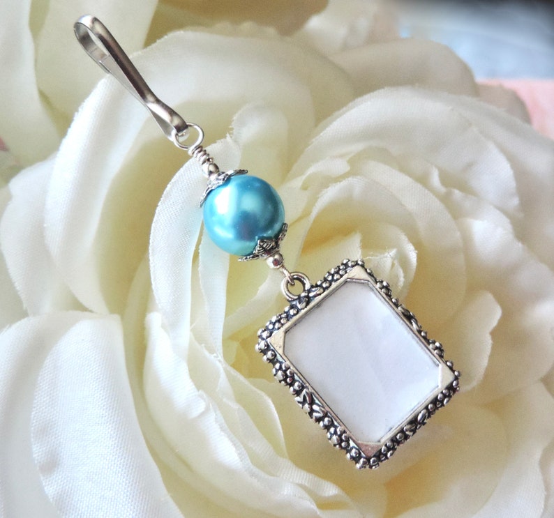 Something blue for the bride to be. Wedding bouquet photo charm with a one or 2 sided small picture frame. image 1