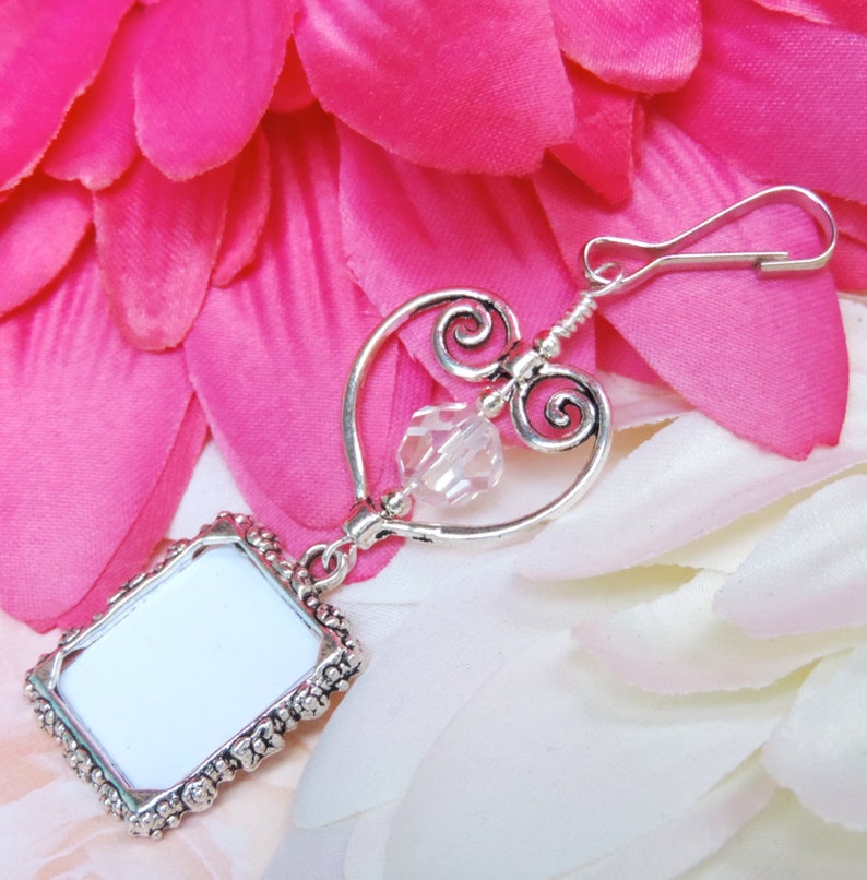 Wedding bouquet and memorial photo charm with crystal and heart. Small picture frame charm for a bridal bouquet. Wedding keepsake. image 4