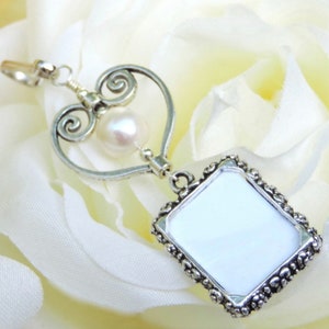 Wedding bouquet and memorial photo charm with crystal and heart. Small picture frame charm for a bridal bouquet. Wedding keepsake. image 7