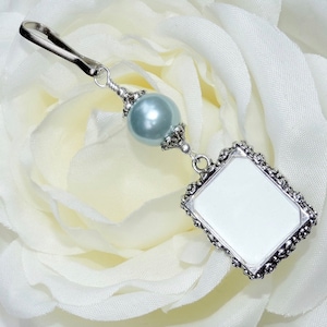 Wedding bouquet photo charm with Freshwater pearl. Memorial photo charm for a bride's bouquet. Slate blue pearl