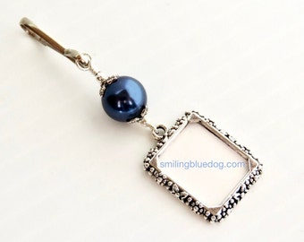 Wedding bouquet charm. Something blue! A memorial photo charm with a navy blue shell pearl. Perfect bridal shower gift!