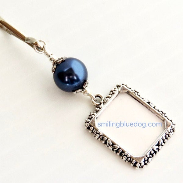 Wedding bouquet charm. Something blue! A memorial photo charm with a navy blue shell pearl. Perfect bridal shower gift!