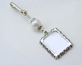 Wedding bouquet photo charm with Freshwater pearl. Memorial photo charm for a bride's bouquet.