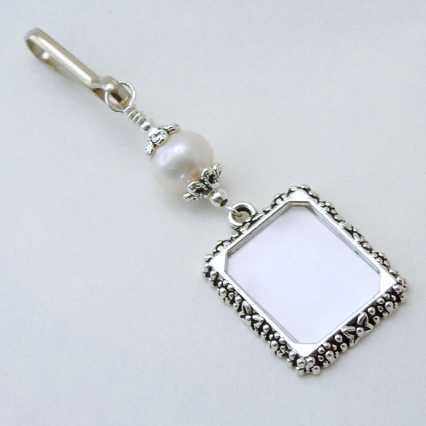 Wedding bouquet photo charm with Freshwater pearl. Memorial photo charm for a bride's bouquet.