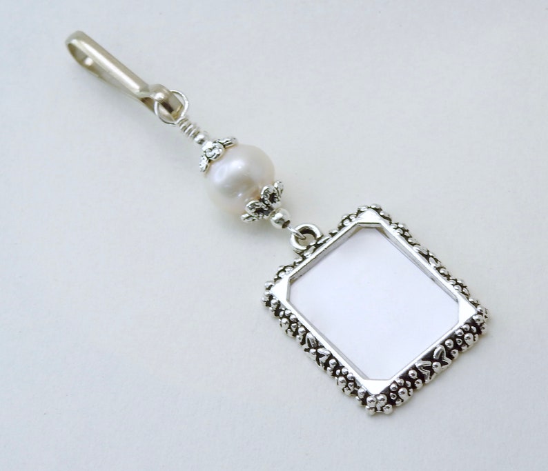 Wedding bouquet photo charm with Freshwater pearl. Memorial photo charm for a bride's bouquet. image 1