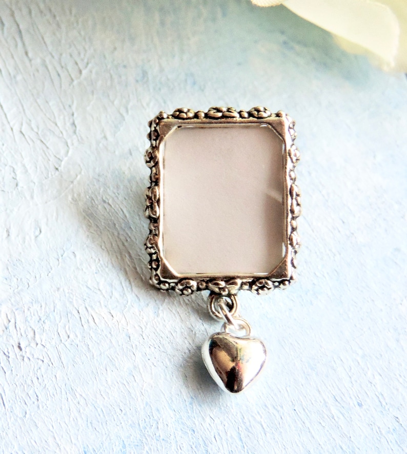 Memorial photo lapel pin with tiny heart and small picture frame. Graduation gift. Remembrance photo brooch. DIY or I do photo. image 1