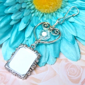Wedding bouquet and memorial photo charm with crystal and heart. Small picture frame charm for a bridal bouquet. Wedding keepsake. image 5