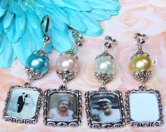 Wedding bouquet photo charm with white shell pearl. Memorial wedding keepsake.  Bridal shower gift