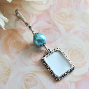 Something blue for the bride to be. Wedding bouquet photo charm with a one or 2 sided small picture frame. image 6