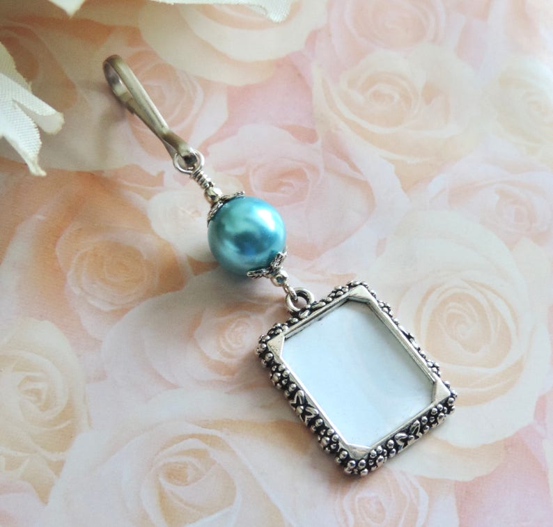 Something blue for the bride to be. Wedding bouquet photo charm with a one or 2 sided small picture frame. image 6