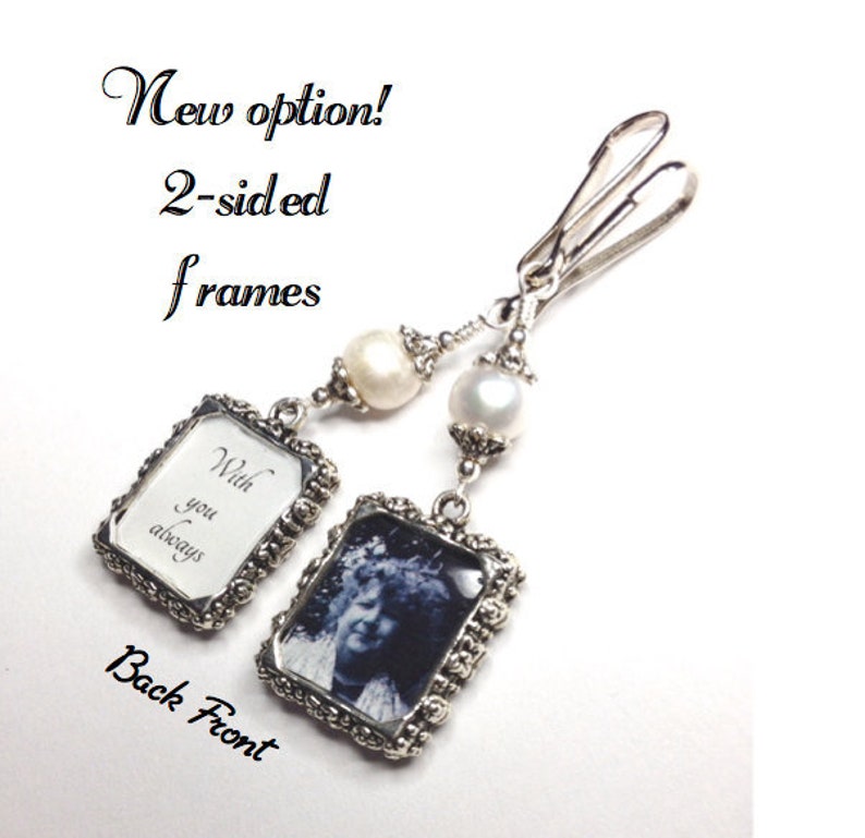 2 sided Wedding bouquet photo charm. DIY or I do photos. Pearl wedding charm. Memorial photo charm 2 sided. Bridal shower gift. Sister gift image 1