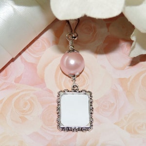 Wedding bouquet photo charm. Choose your colour, pearl memorial charm. Handmade wedding keepsake. image 4