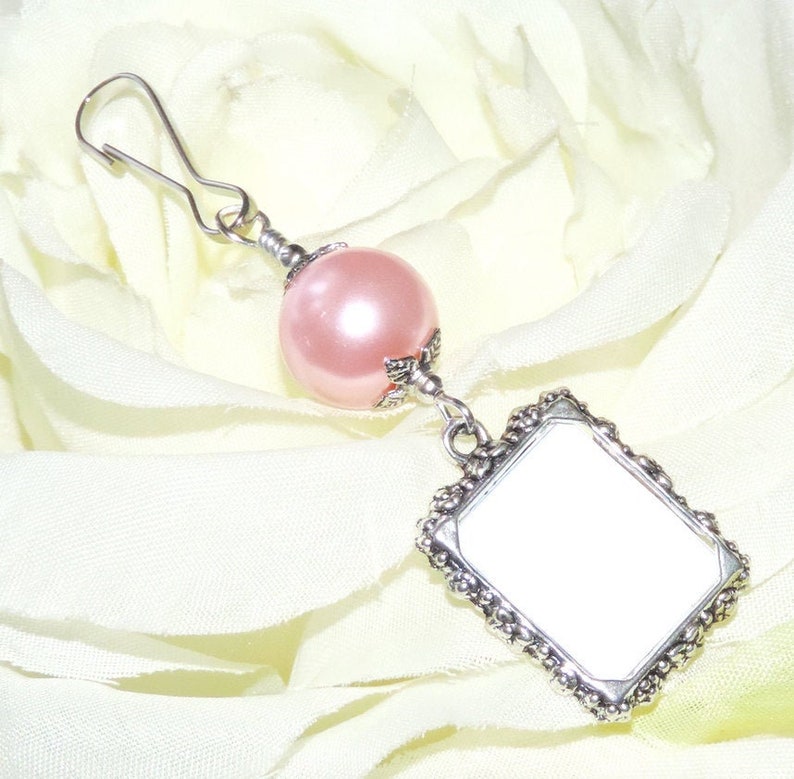 Wedding bouquet photo charm. Choose your colour, pearl memorial charm. Handmade wedding keepsake. Pink