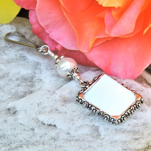 2 sided Wedding bouquet photo charm. DIY or I do photos. Pearl wedding charm. Memorial photo charm 2 sided. Bridal shower gift. Sister gift image 3