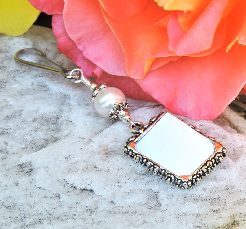 2 sided Wedding bouquet photo charm. DIY or I do photos. Pearl wedding charm. Memorial photo charm 2 sided. Bridal shower gift. Sister gift image 3